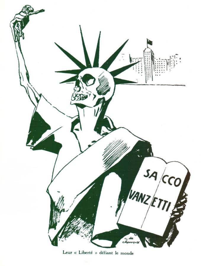 1927 6 aout L-Humanite Dessin de G. de Champs Leur liberte defiant le monde Sacco et Vanzetti.jpg